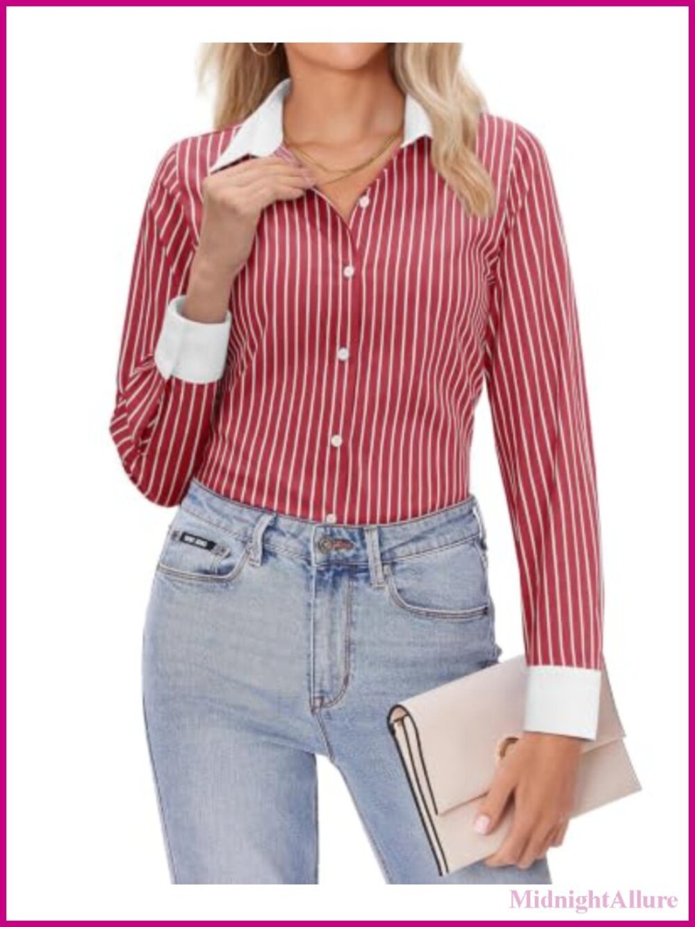 Women's Striped Long Sleeve Button Down Shirt 100% Cotton Work Blouse